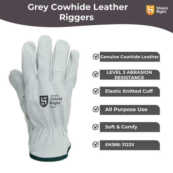 Shield Right Grey Cowhide Riggers Gloves (12 Pack)