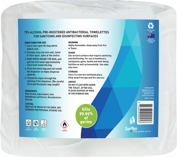 Saniflex 75% Alcohol Antibacterial Surface Wipes 820 Bag