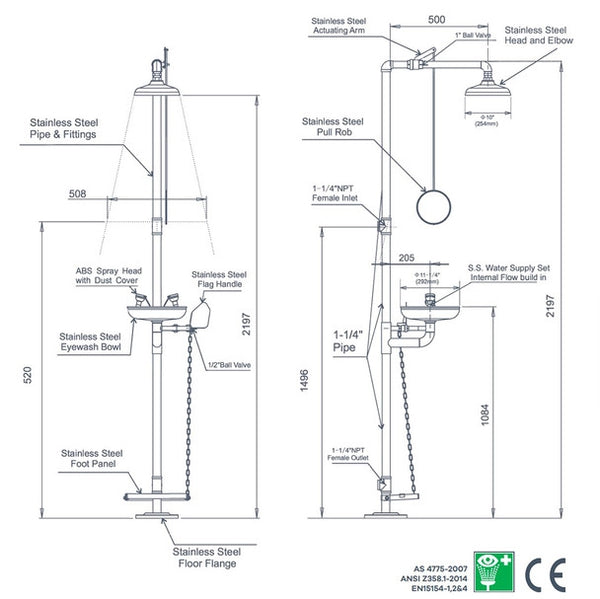 Stainless Steel Floor Mounted Combo Unit – Drench Shower & Eyewash