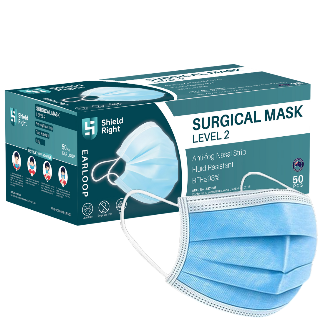 Shield Right Surgical Face Mask Latex Free Earloops – 50 Pack