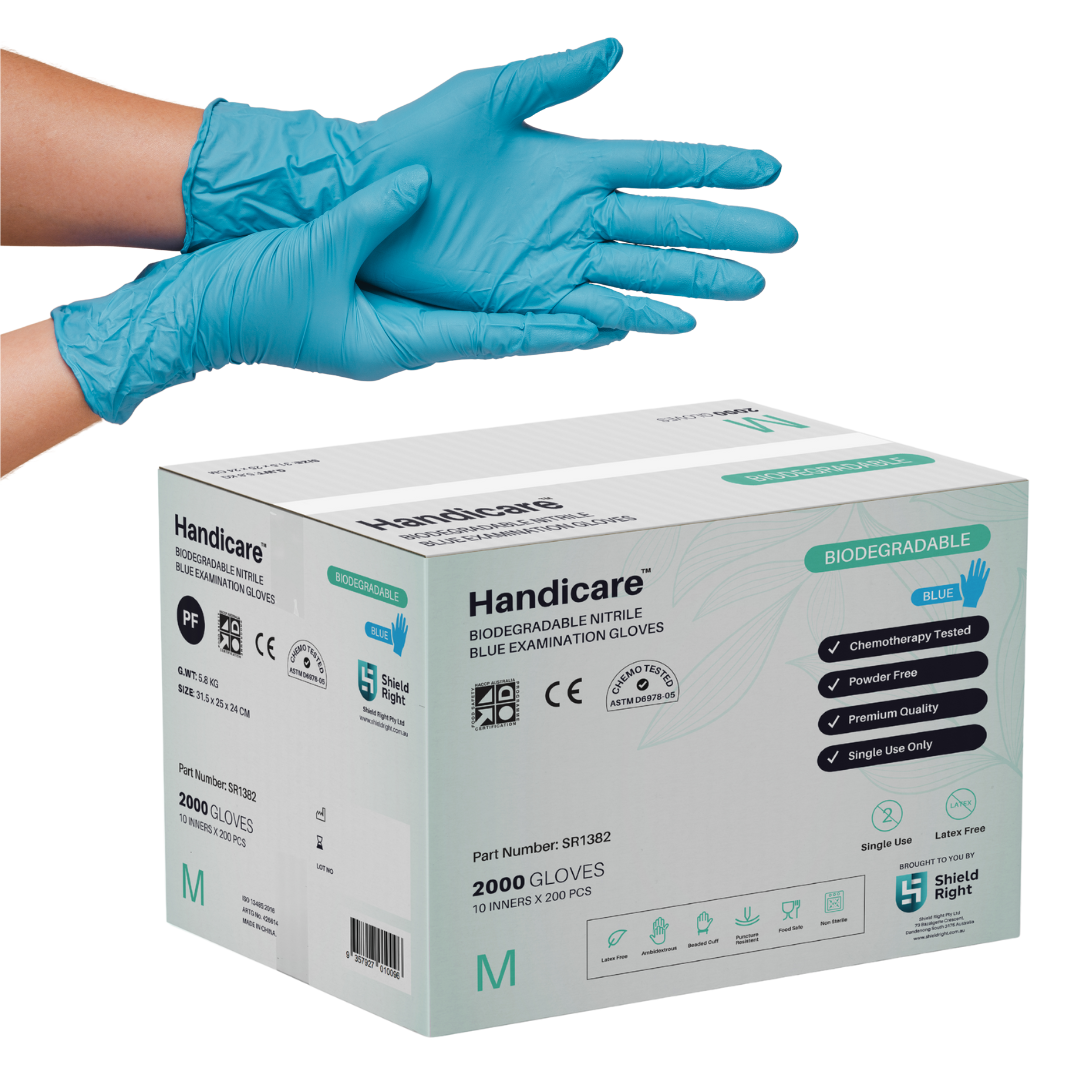 Handicare Biodegradable Blue Nitrile Examination Gloves, 200 Pack, Carton of 10