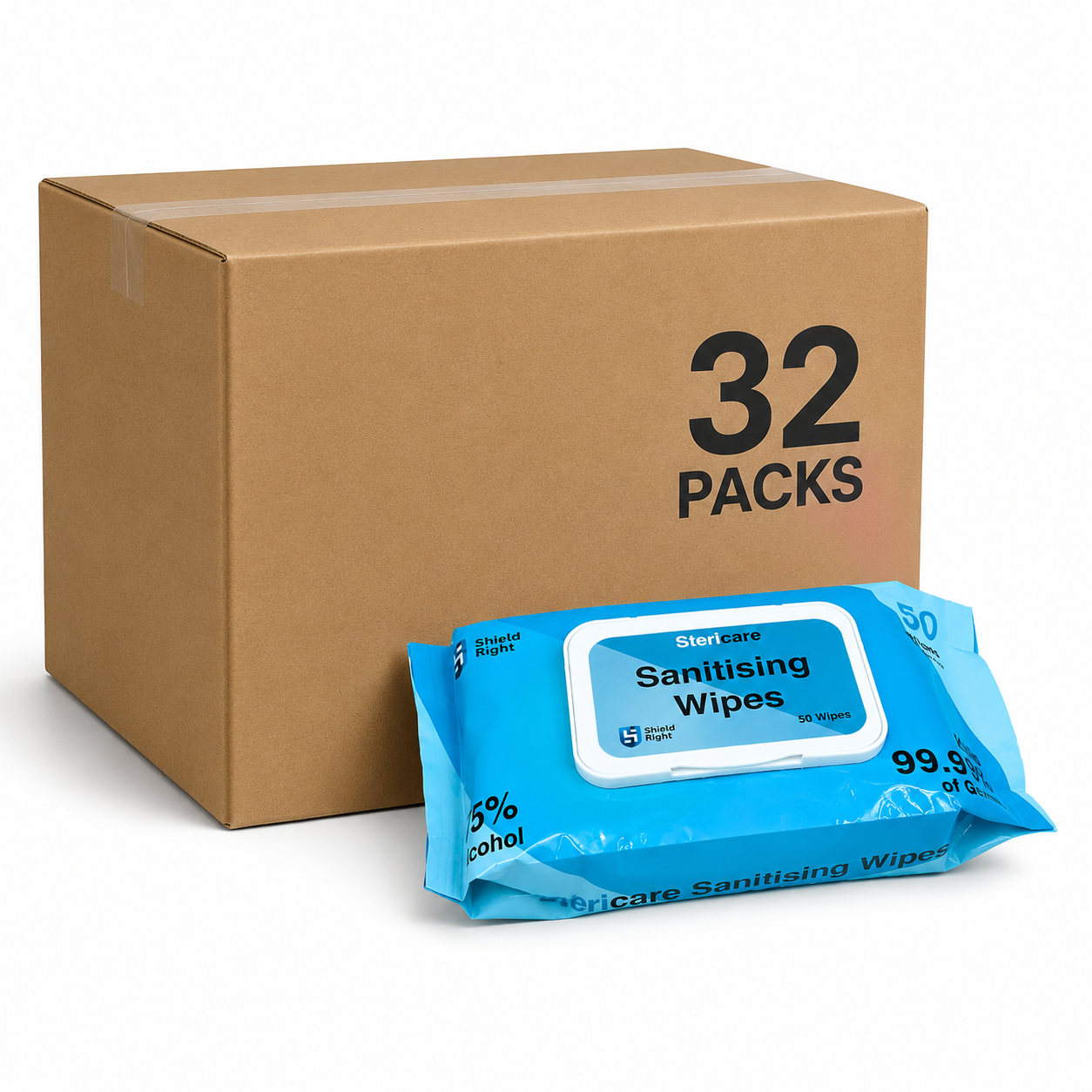 SteriCare Sanitising Wipes 75% Alcohol – 50 wipes in pack - Carton of 32