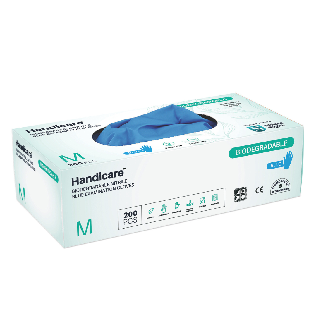 Handicare Biodegradable Blue Nitrile Examination Gloves, 200 Pack
