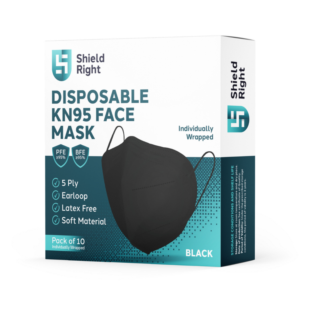 Shield Right KN95 Face Masks – 10 Pack | N95 P2 Equivalent Respirator- Black & White