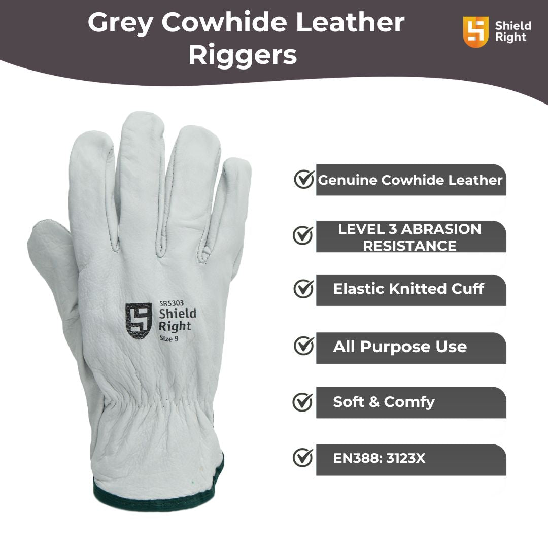 Shield Right Grey Cowhide Riggers Gloves (12 Pack)