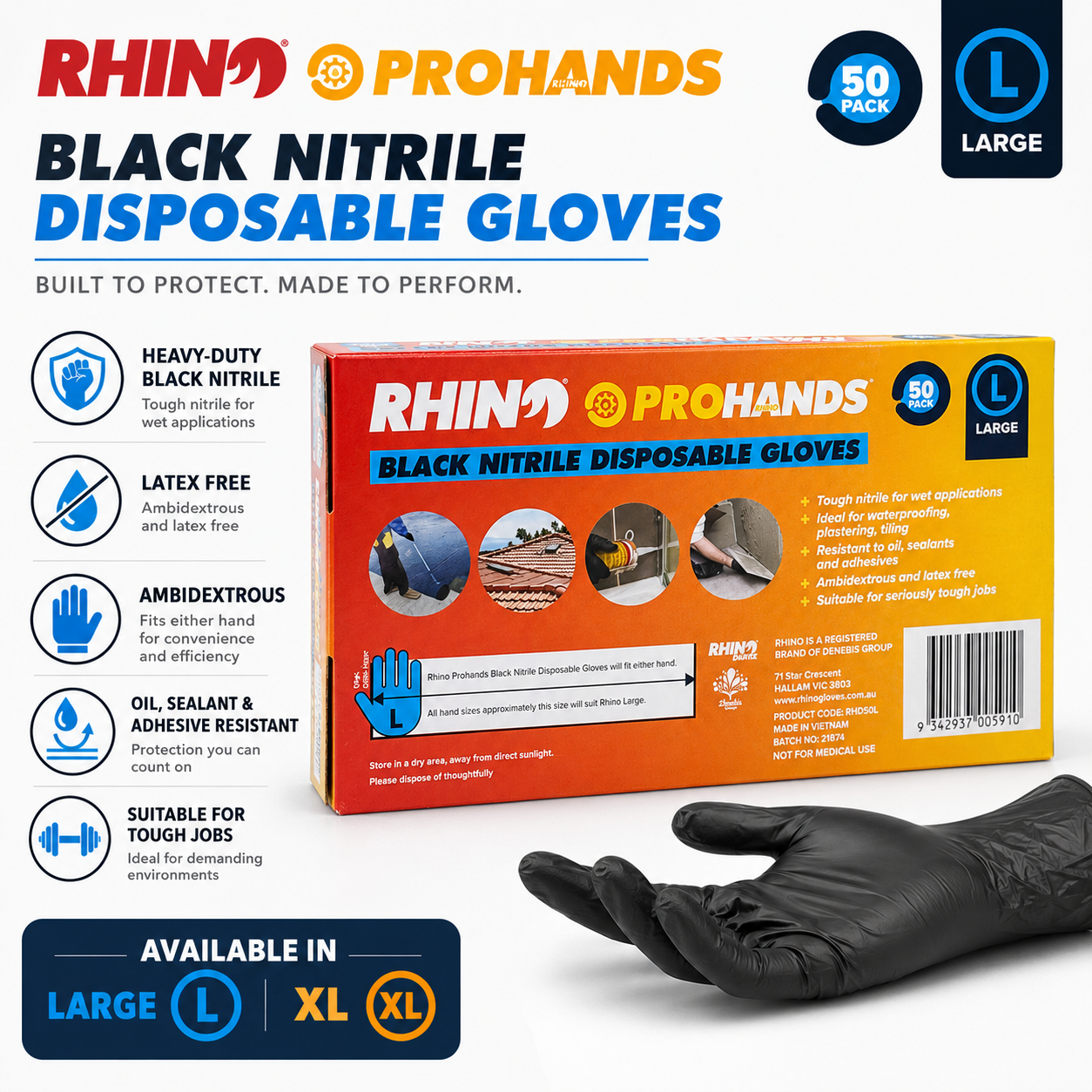 Rhino Prohands Black Nitrile Disposable Gloves – 50 Pack – Large / XL