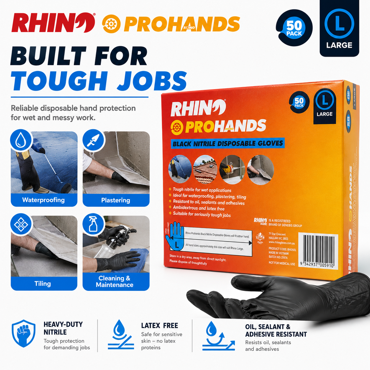 Rhino Prohands Black Nitrile Disposable Gloves – 50 Pack – Large / XL
