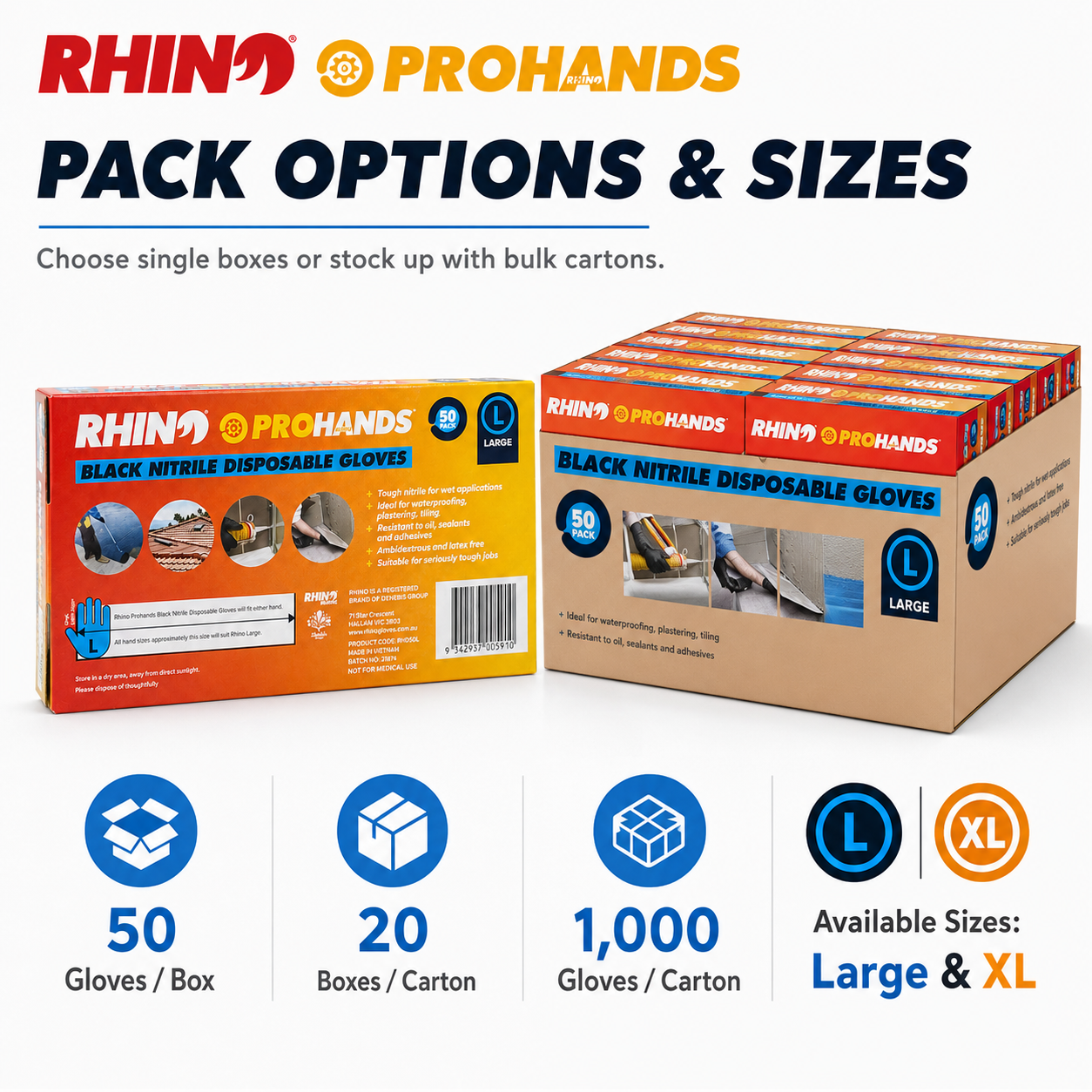 Rhino Prohands Black Nitrile Disposable Gloves – 50 Pack – Large / XL