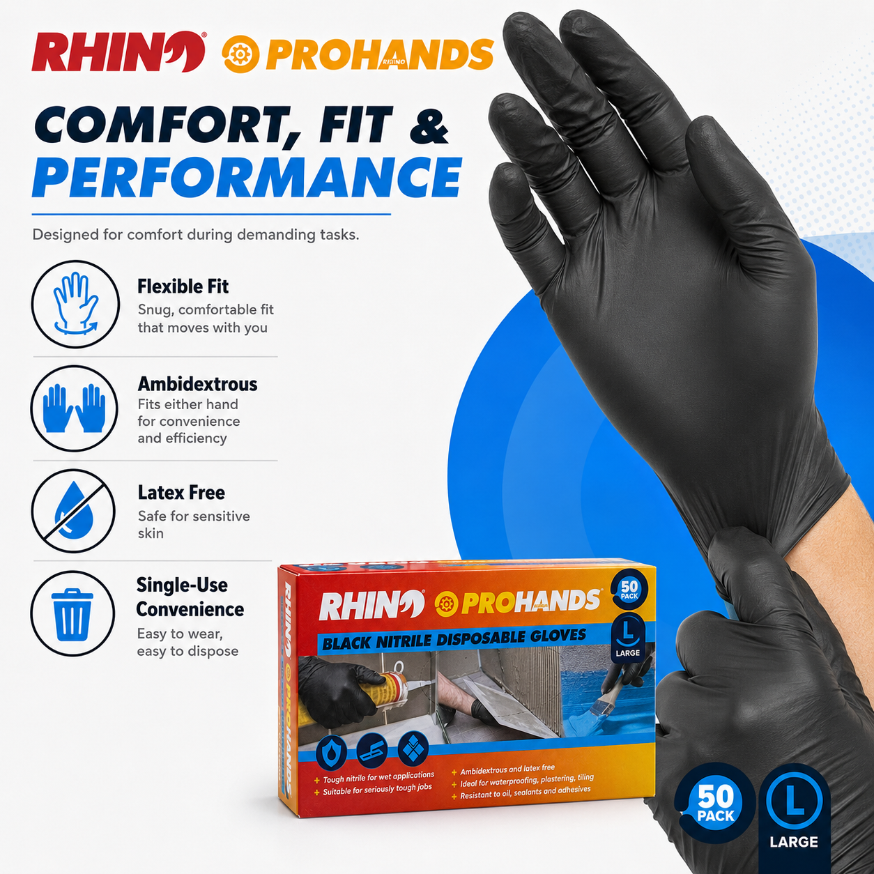 Rhino Prohands Black Nitrile Disposable Gloves – 50 Pack – Large / XL