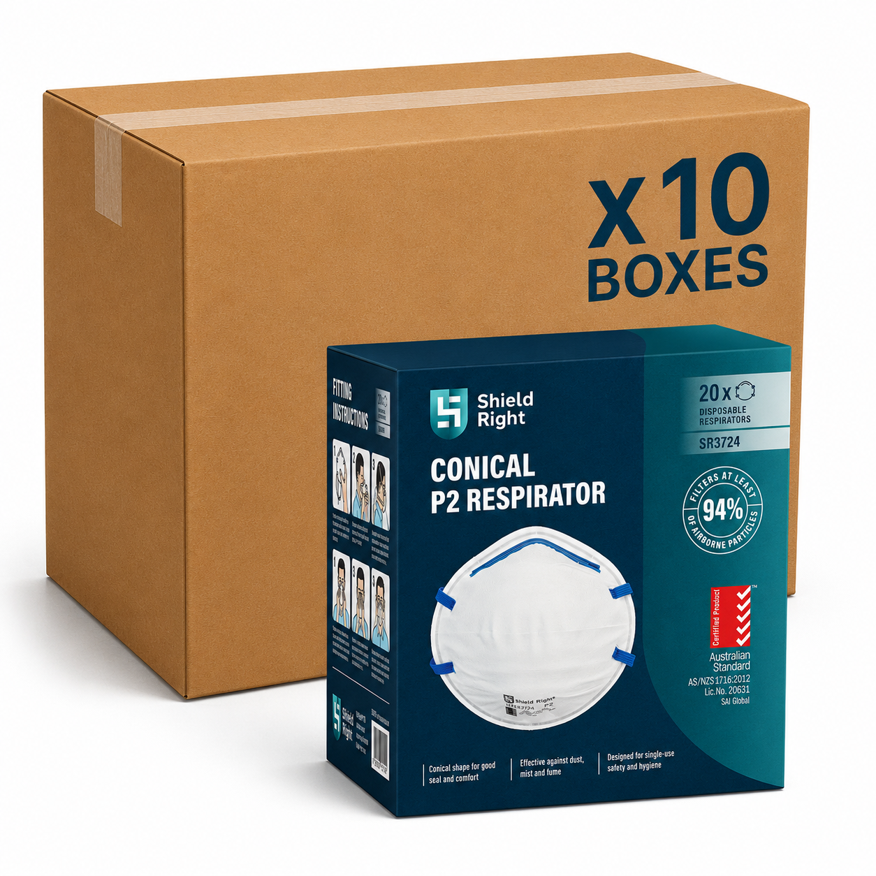 Shield Right P2 Conical Disposable Respirator, Non-Valved – 20 Pack - Carton of 10