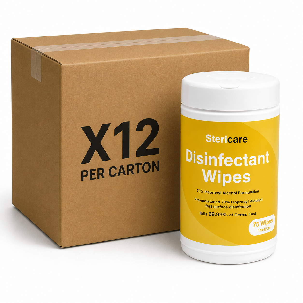 SteriCare Disinfectant Wipes 70% Isopropyl Alcohol – Carton of 900 (12 x 75 Tubs), Extra-Large