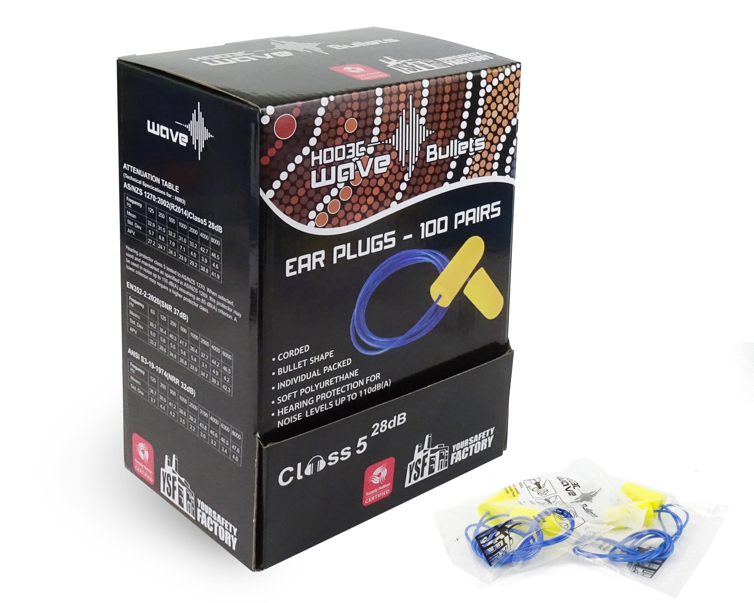 Wave Bullet Corded Earplugs (SLC80 28dB) -  Box of 100 Pairs