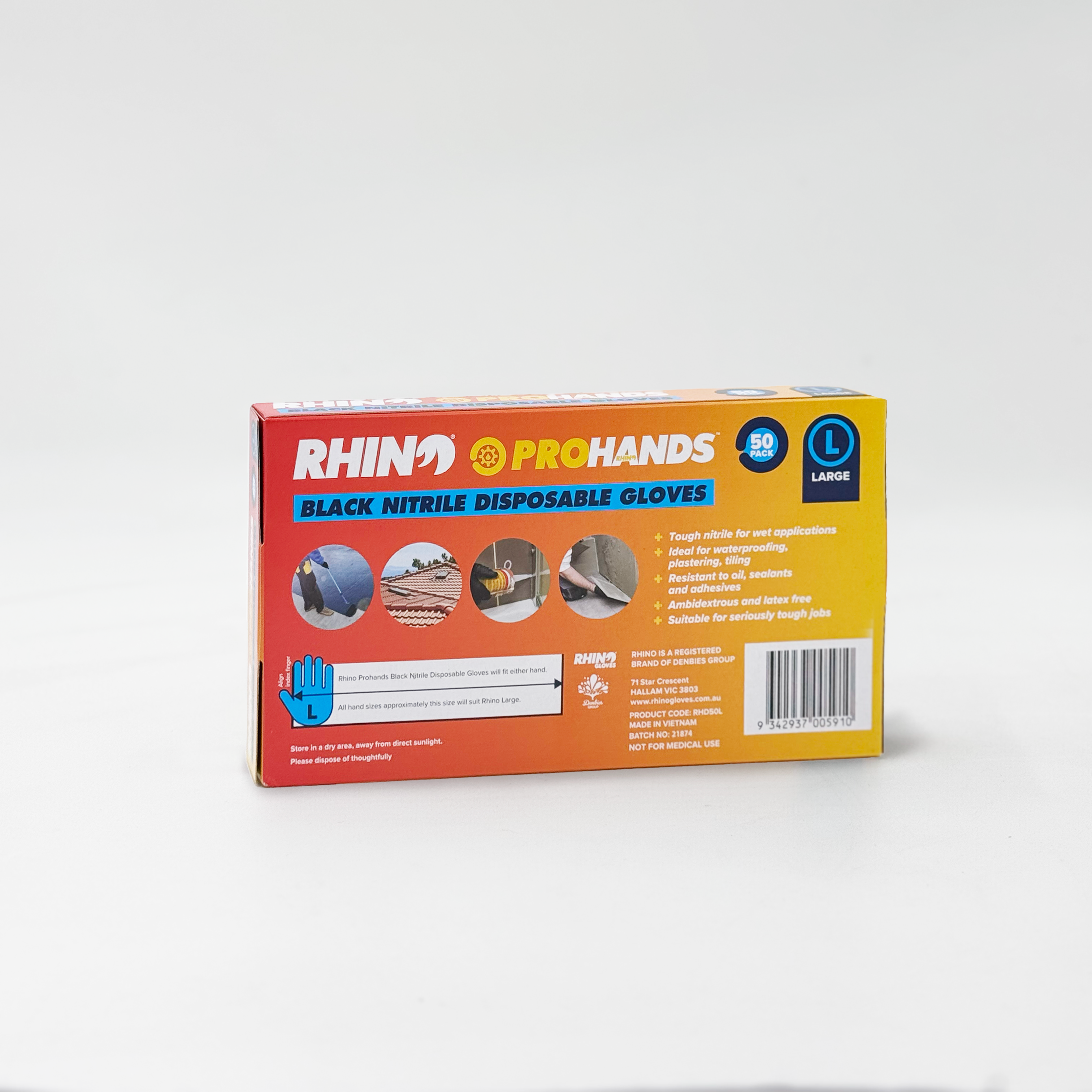 Rhino Prohands Black Nitrile Disposable Gloves – 50 Pack – Large / XL