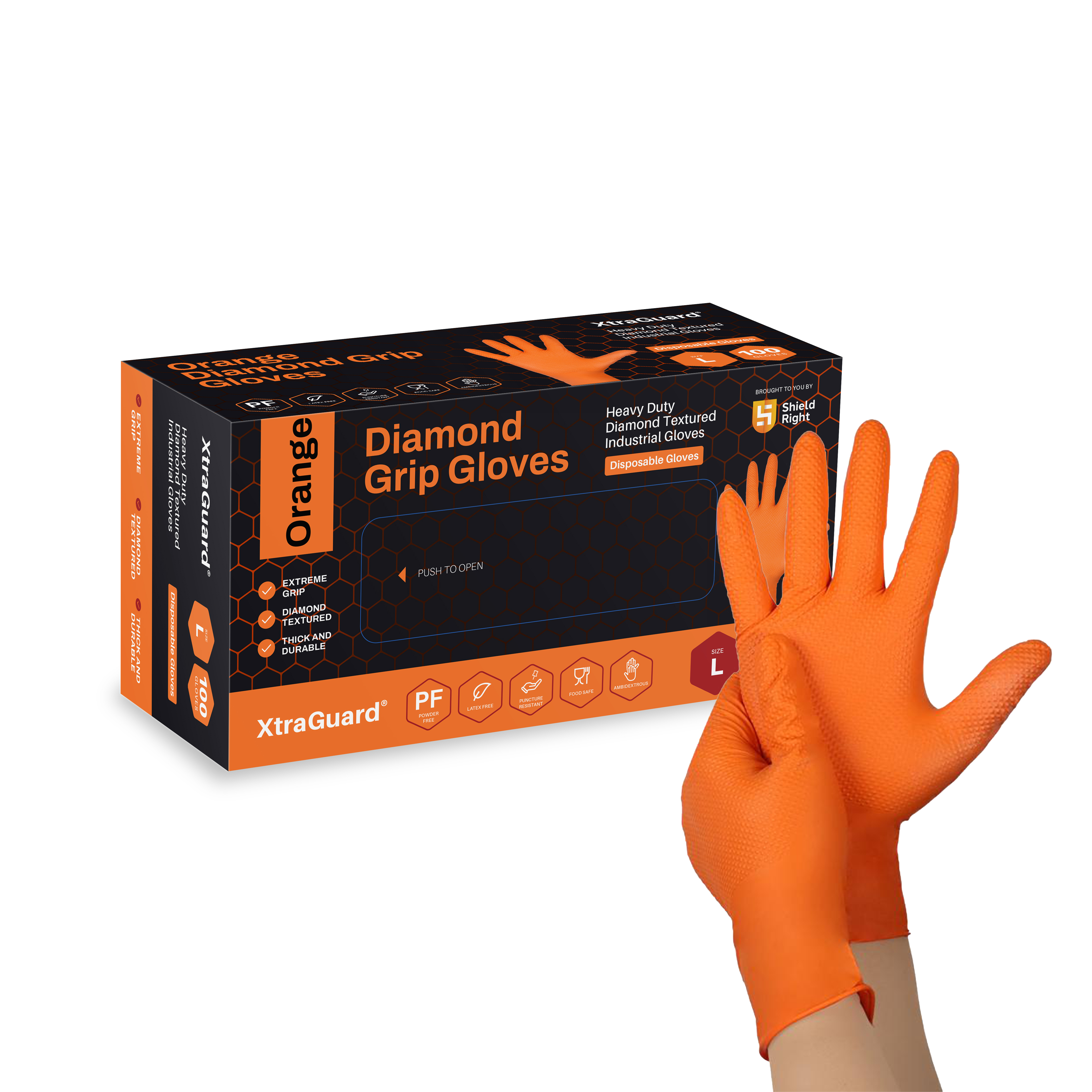 Shield Right Xtraguard Orange Diamond Grip Gloves (Box of 100)