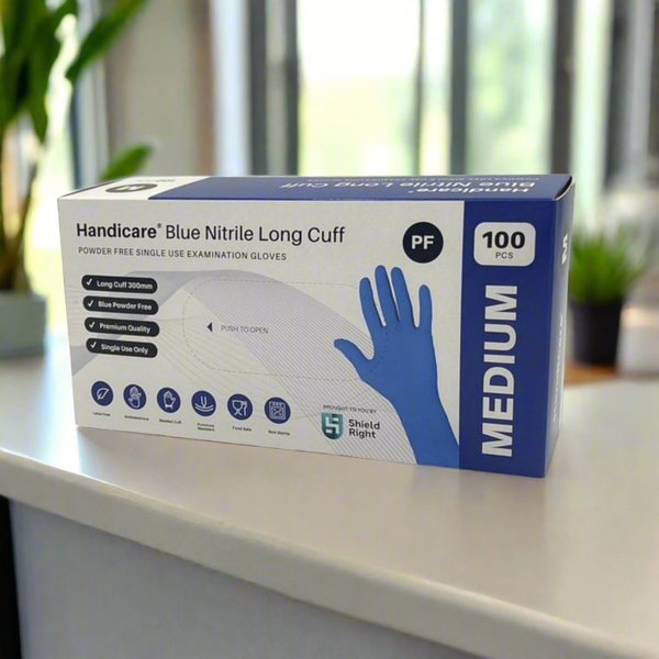 Handicare Blue Nitrile Long Cuff Powder Free Disposable Gloves (Carton of 10)