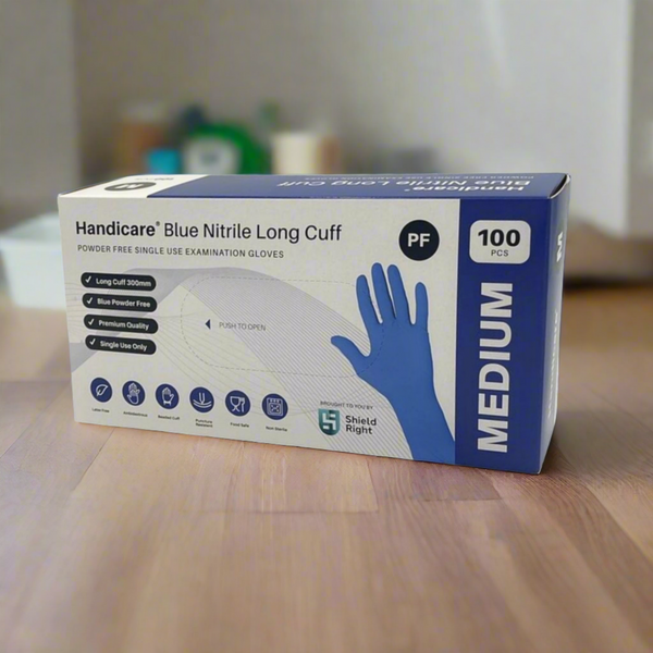 Handicare Blue Nitrile Long Cuff Powder Free Disposable Gloves (Carton of 10)