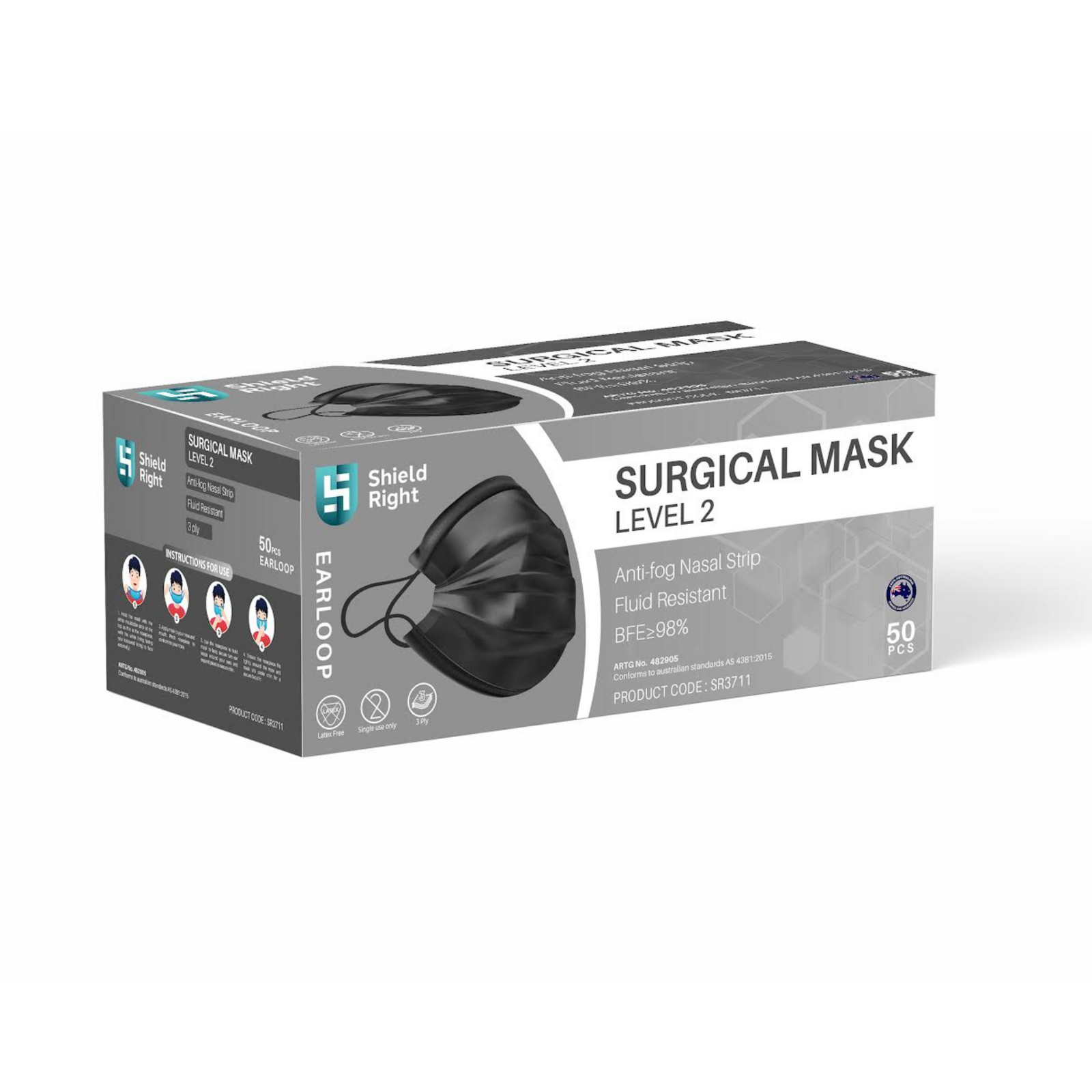 Shield Right Black Face Mask 3 Ply 50 Pack With Earloops