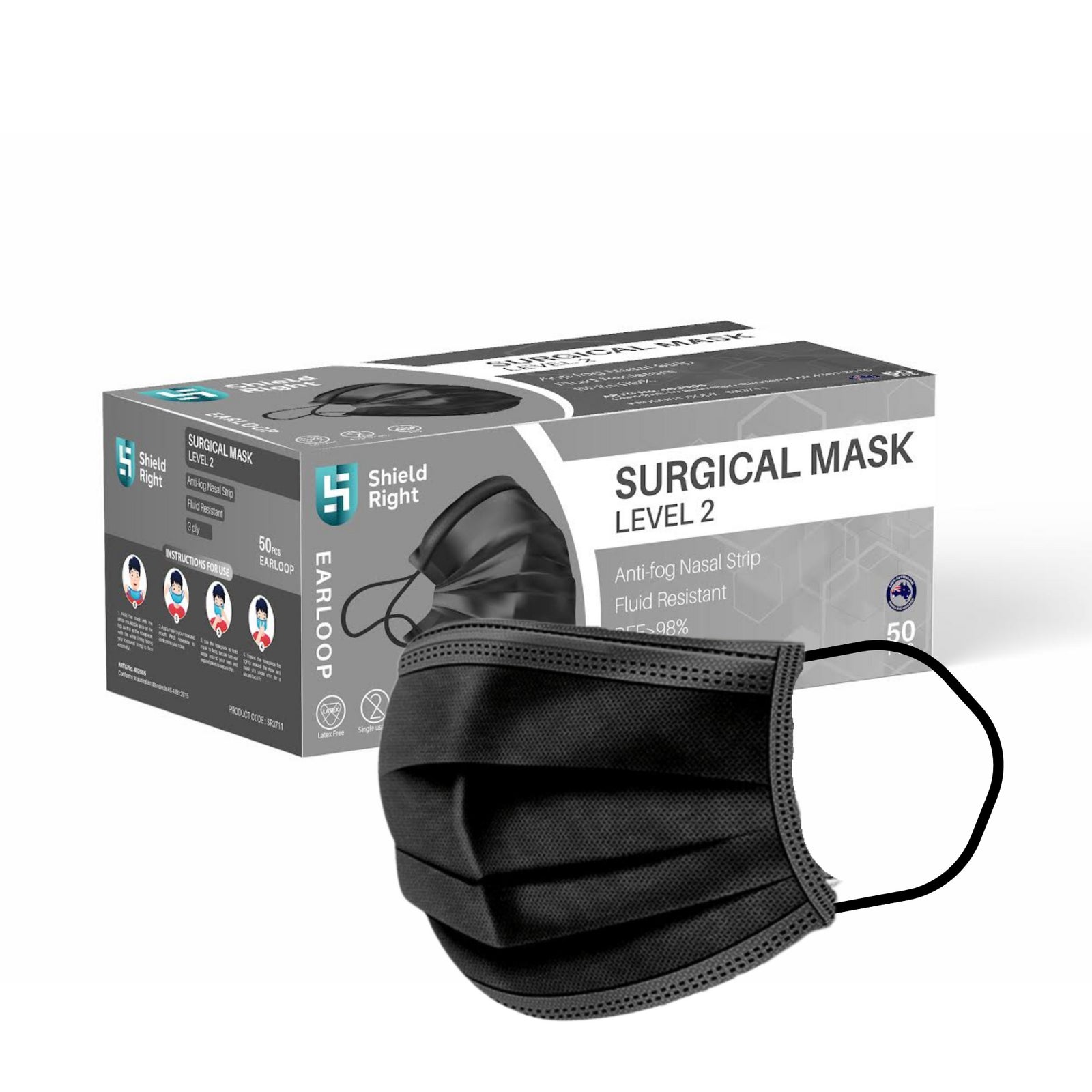 Shield Right Black Face Mask 3 Ply 50 Pack With Earloops