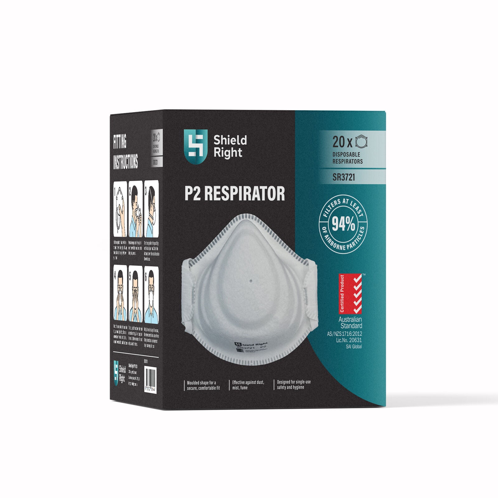 Shield Right P2 Moulded Disposable Respirator, Non-Valved – 20 Pack