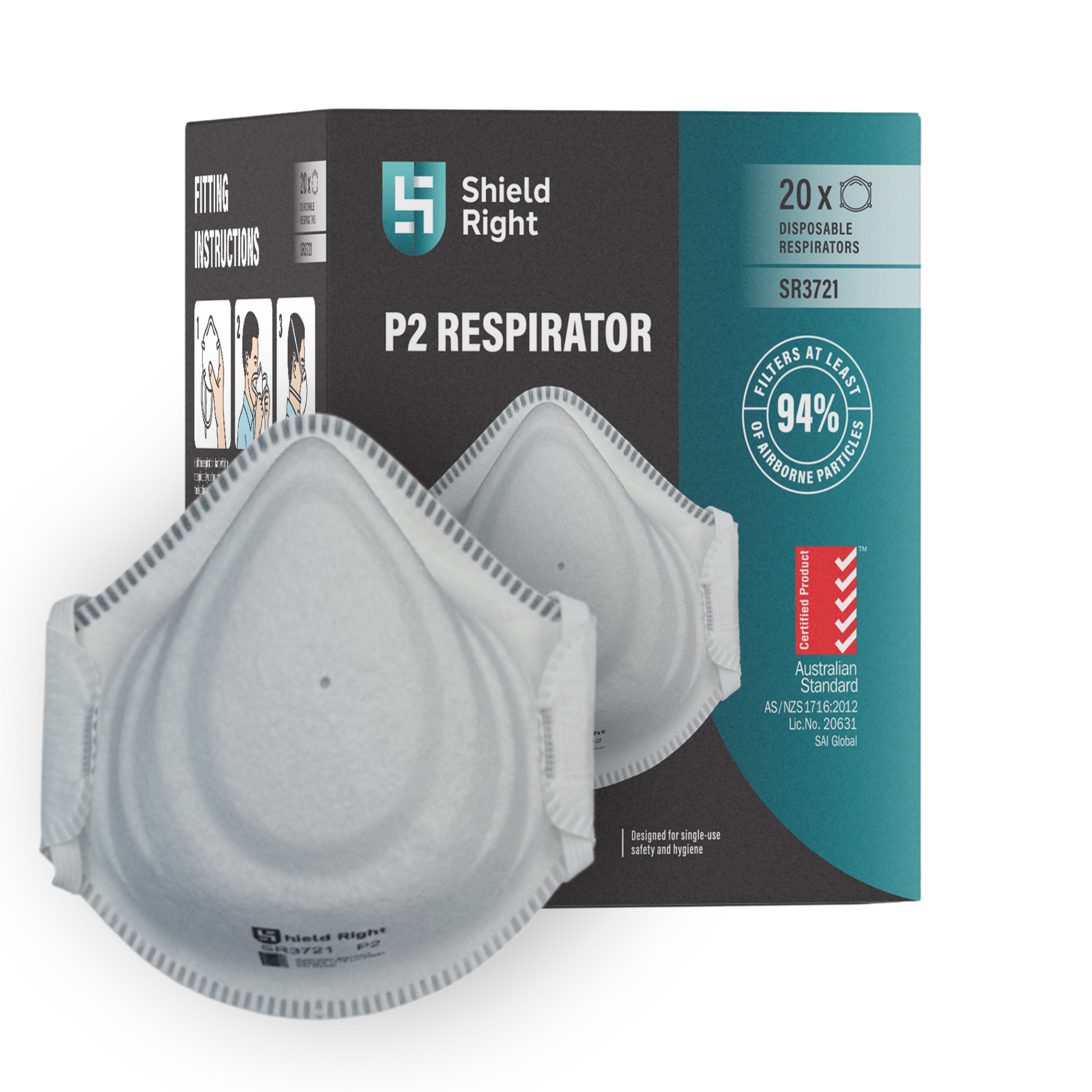 Shield Right P2 Moulded Disposable Respirator, Non-Valved – Carton of 200 (10 x 20 Packs), AS/NZS 1716 Certified