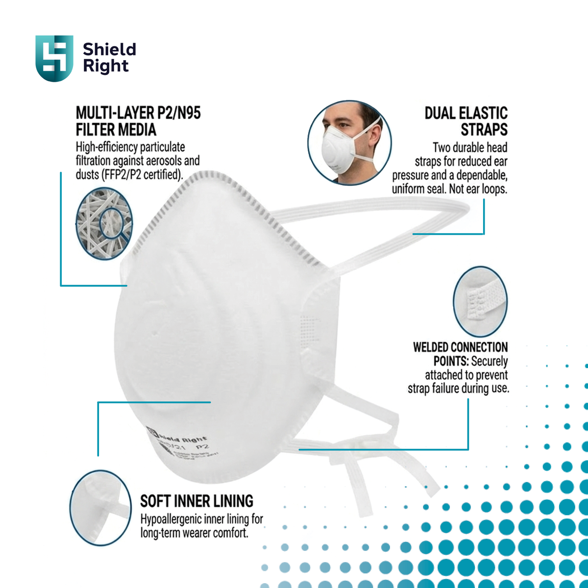 Shield Right P2 Moulded Disposable Respirator, Non-Valved – 20 Pack