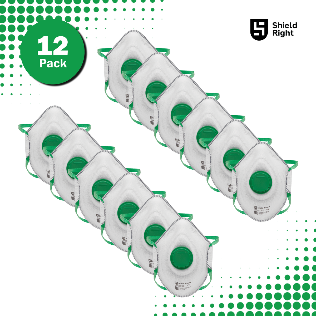 Shield Right P2 Moulded Disposable Respirator, Valved with Carbon Filter – 12 Pack