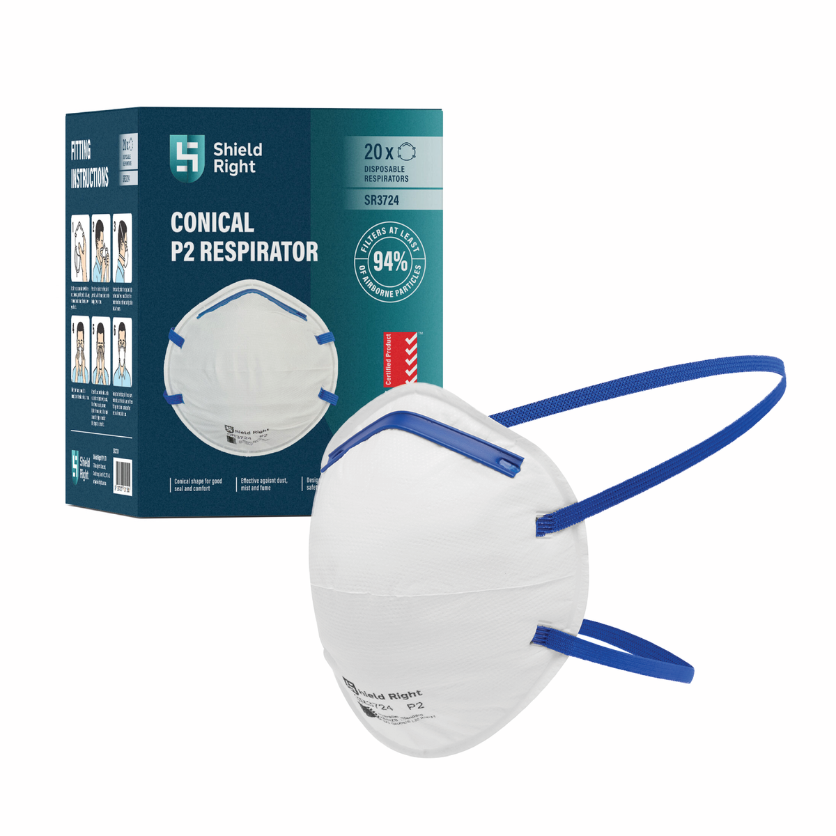 Shield Right P2 Conical Disposable Respirator, Non-Valved – 20 Pack
