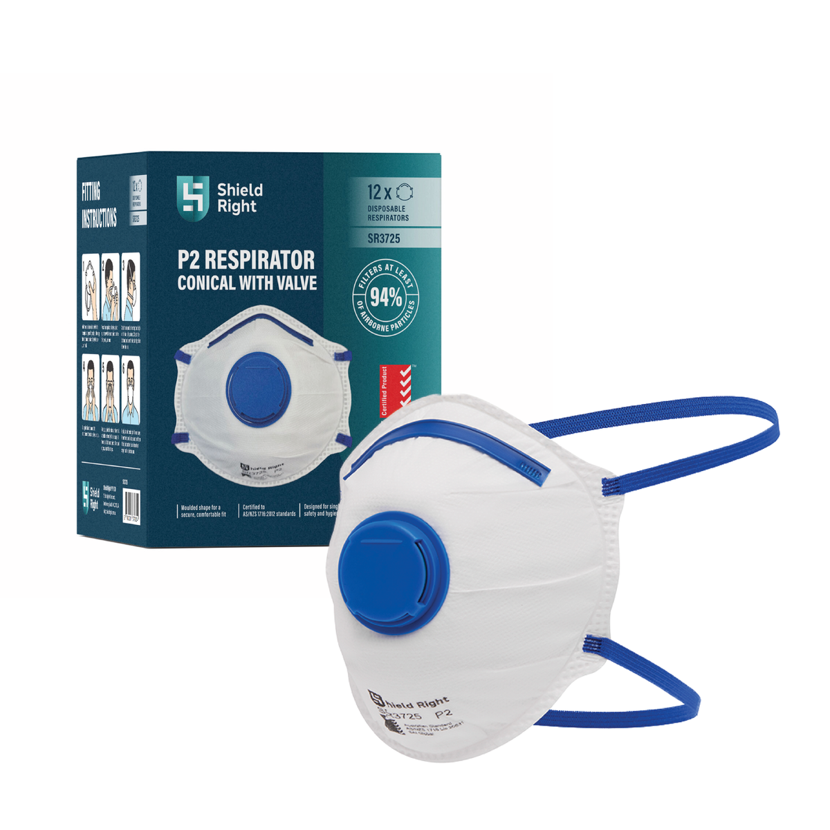 Shield Right P2 Conical Disposable Respirator, Valved – 12 Pack