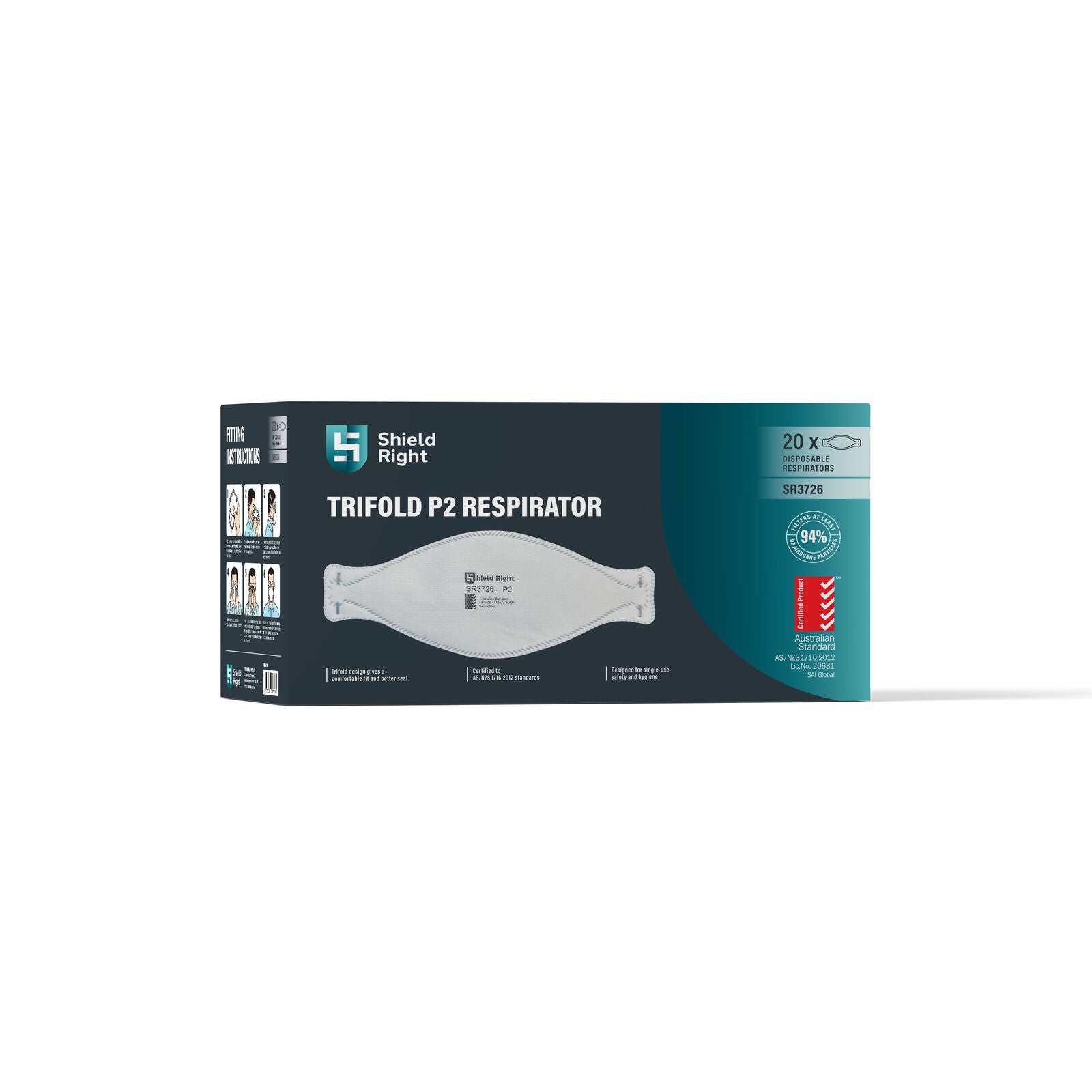 Shield Right P2 Trifold Disposable Respirator, Non-Valved – 20 Pack