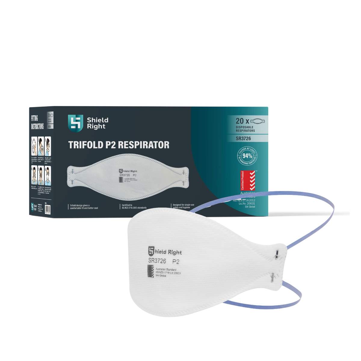 Shield Right P2 Trifold Disposable Respirator, Non-Valved – 20 Pack