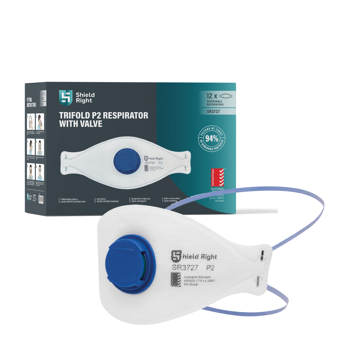 Shield Right P2 Trifold Disposable Respirator, Valved – 12 Pack