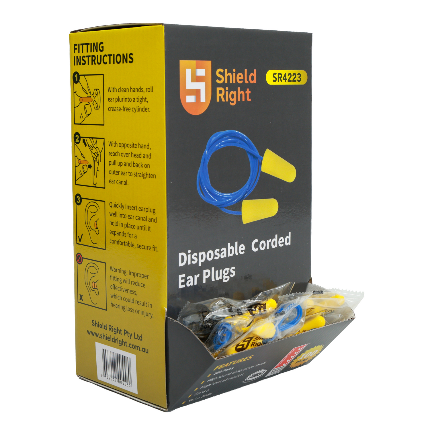 Shield Right Earplugs Corded, Box of 100 Pairs