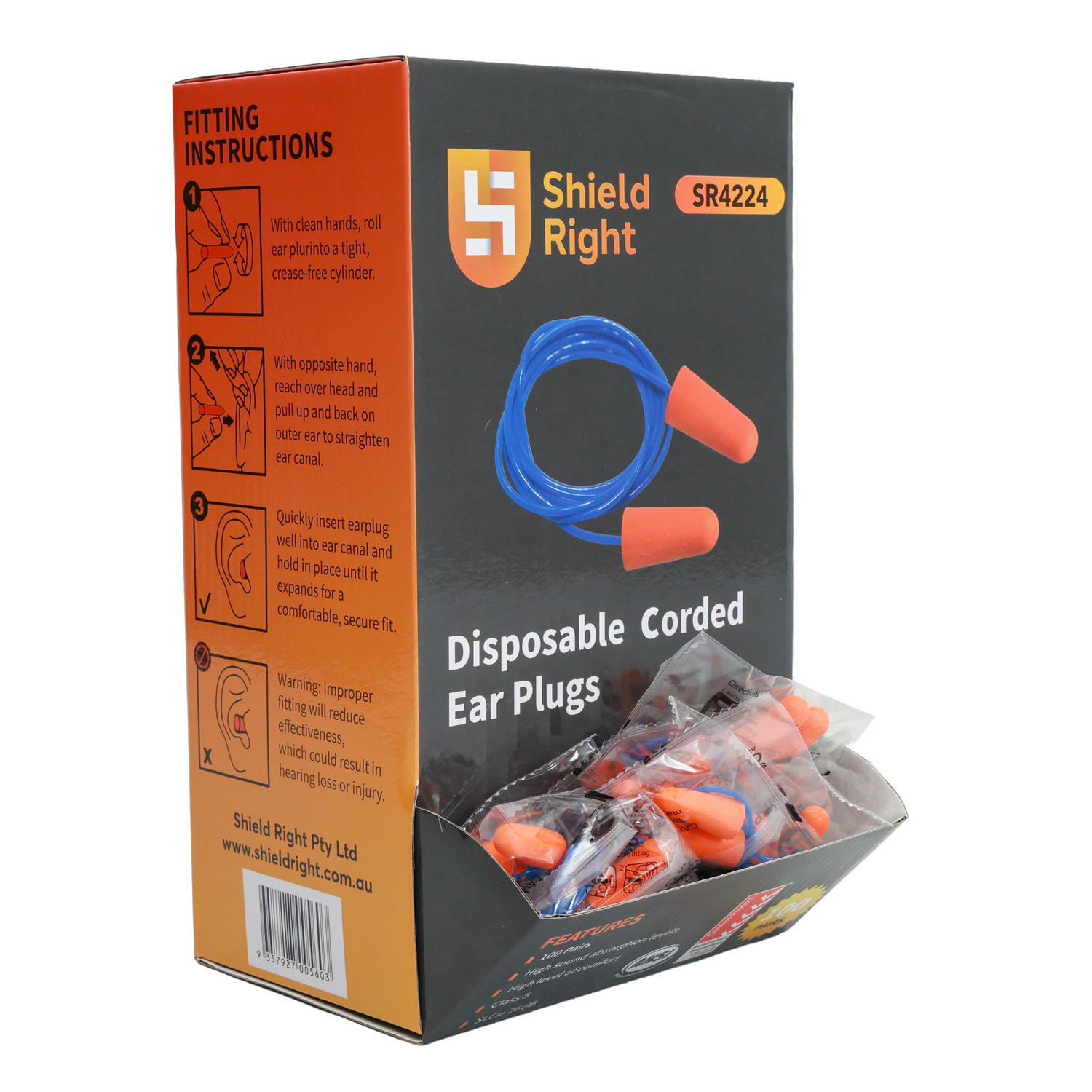 Shield Right Earplugs Corded, Box of 100 Pairs - Carton of 10