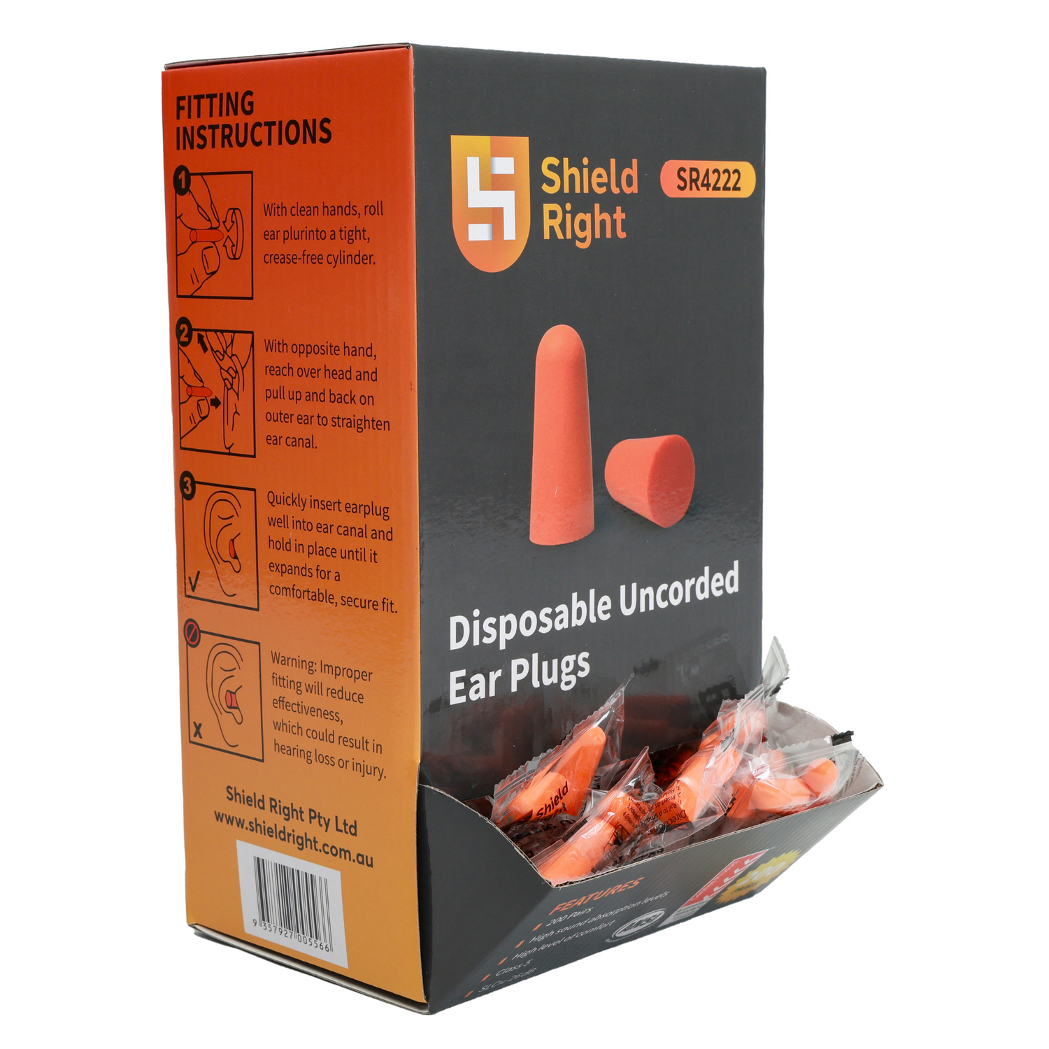 Shield Right Earplugs Uncorded Box of 200 - Carton of 10 Boxes