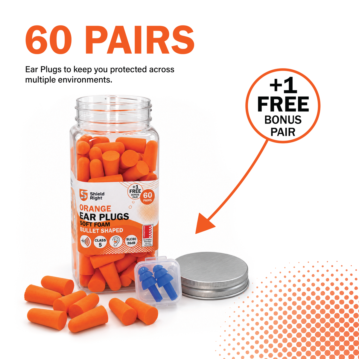 Shield Right Foam Ear Plugs Class 5 – 60 Pairs + Bonus Pair