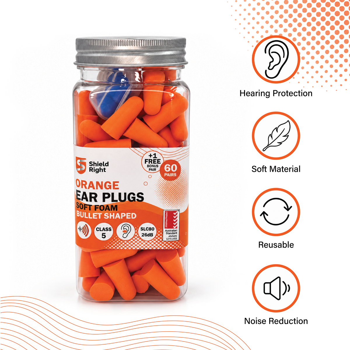 Shield Right Foam Ear Plugs Class 5 – 60 Pairs + Bonus Pair