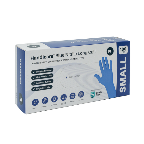 Handicare Blue Nitrile Long Cuff Powder Free Disposable Gloves (Carton of 10)