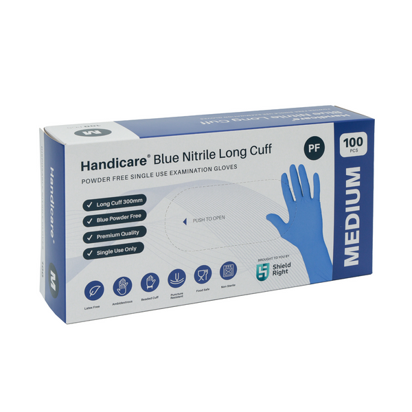 Handicare Blue Nitrile Long Cuff Powder Free Disposable Gloves