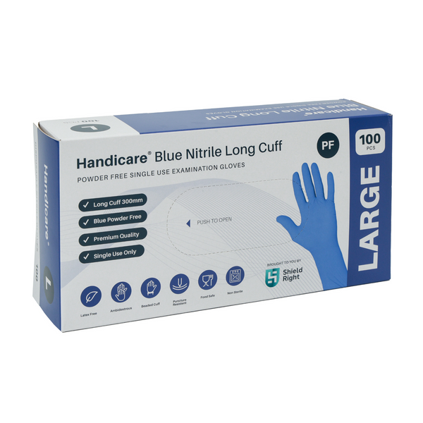 Handicare Blue Nitrile Long Cuff Powder Free Disposable Gloves