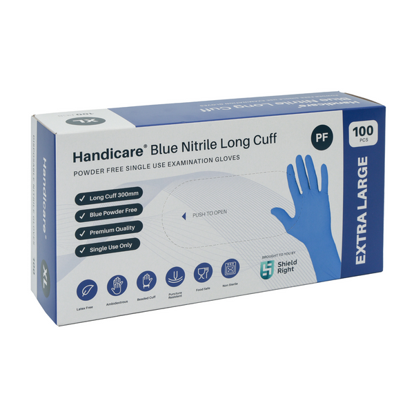 Handicare Blue Nitrile Long Cuff Powder Free Disposable Gloves