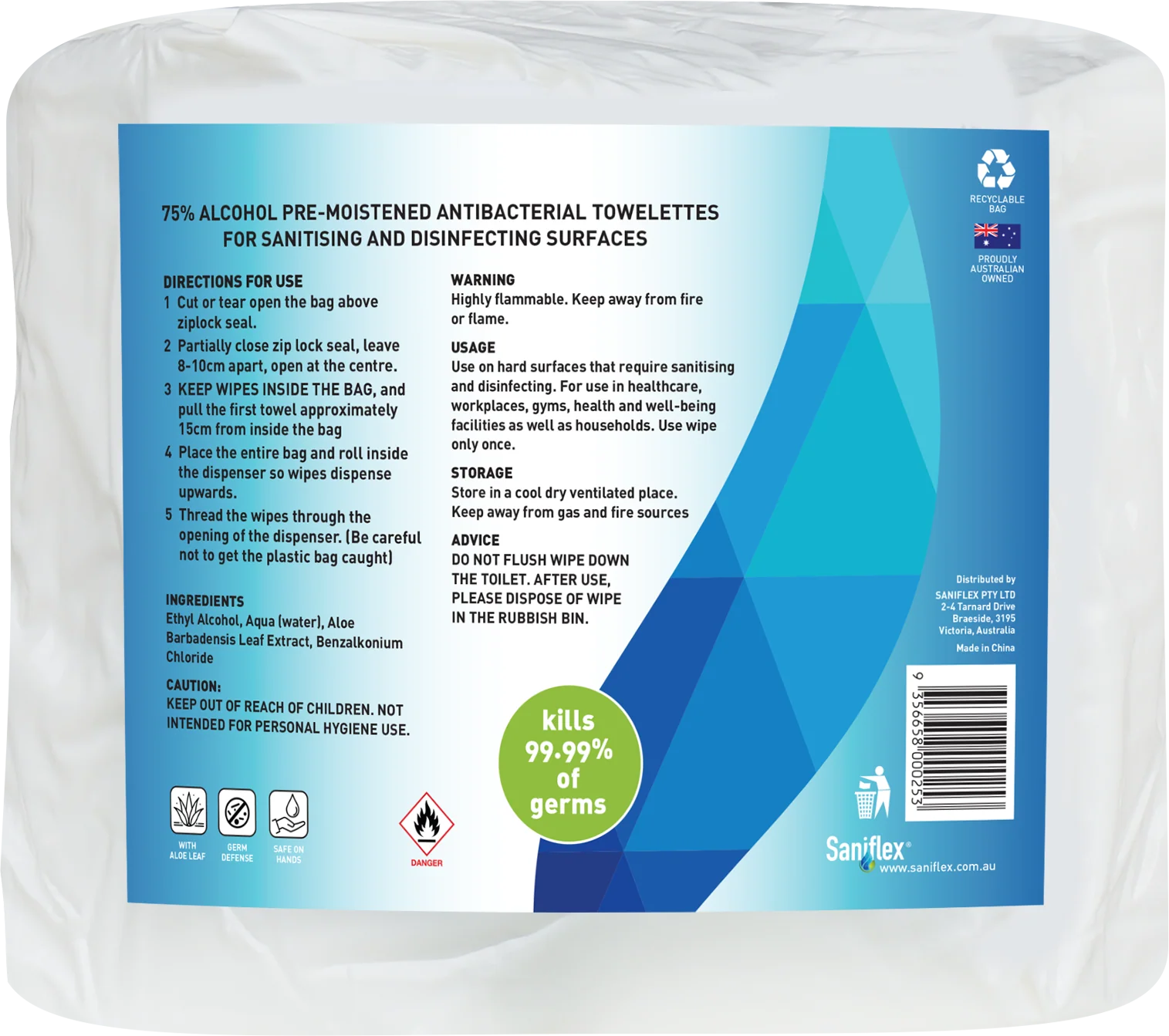 Saniflex 75% Alcohol Antibacterial Surface Wipes 820 Bag