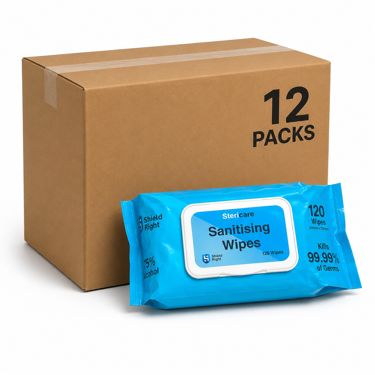 SteriCare Sanitising Wipes 75% Alcohol – 120 wipes in pack - Carton of 12