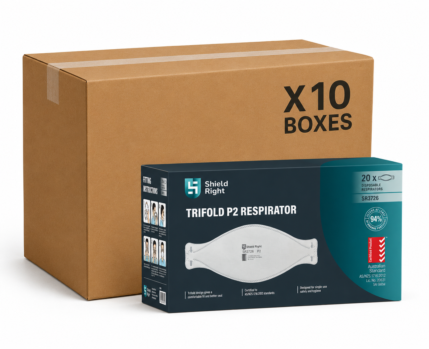 Shield Right P2 Trifold Disposable Respirator, Non-Valved – 20 Pack - Carton of 10