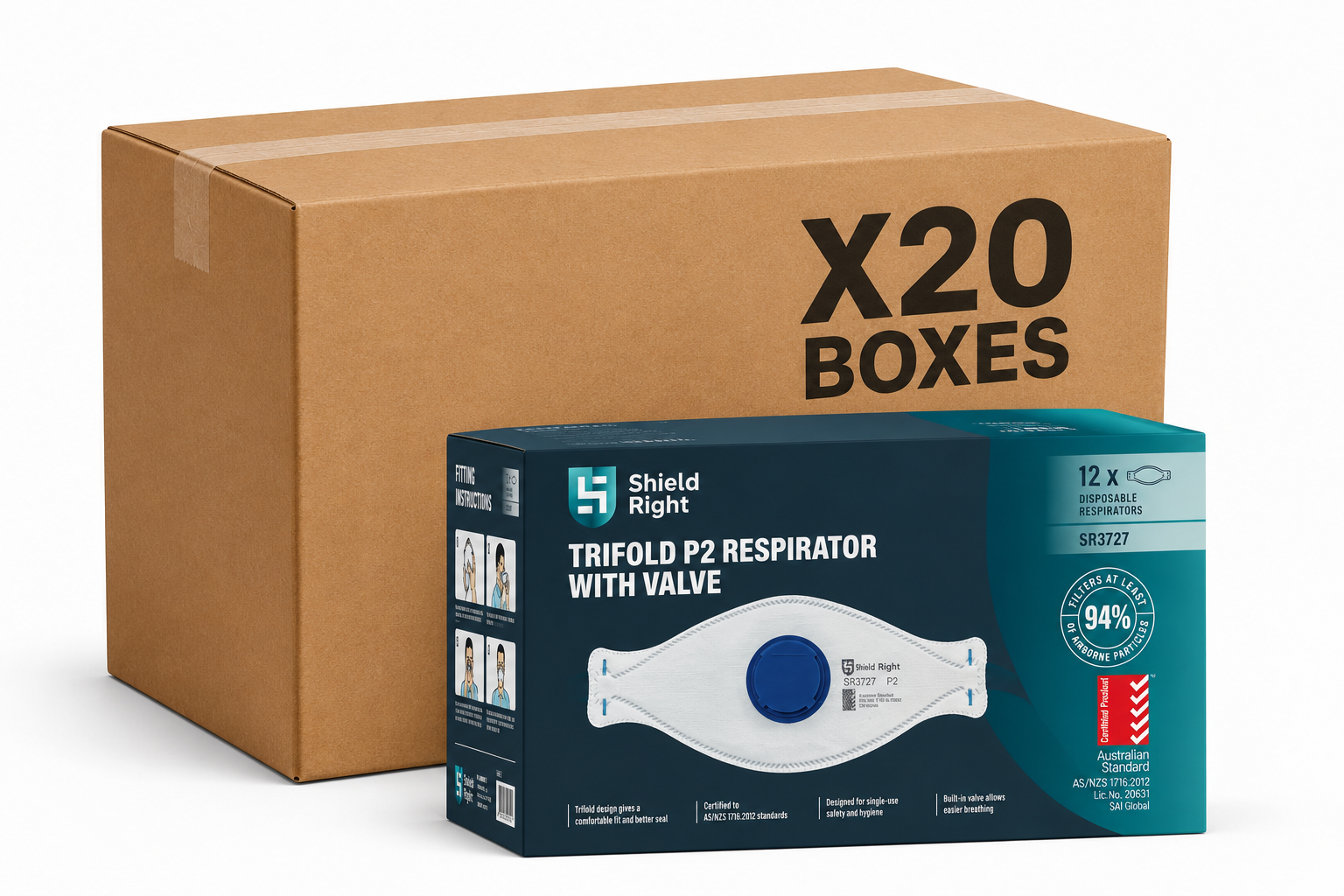 Shield Right P2 Trifold Disposable Respirator, Valved – 12 Pack - Carton of 20