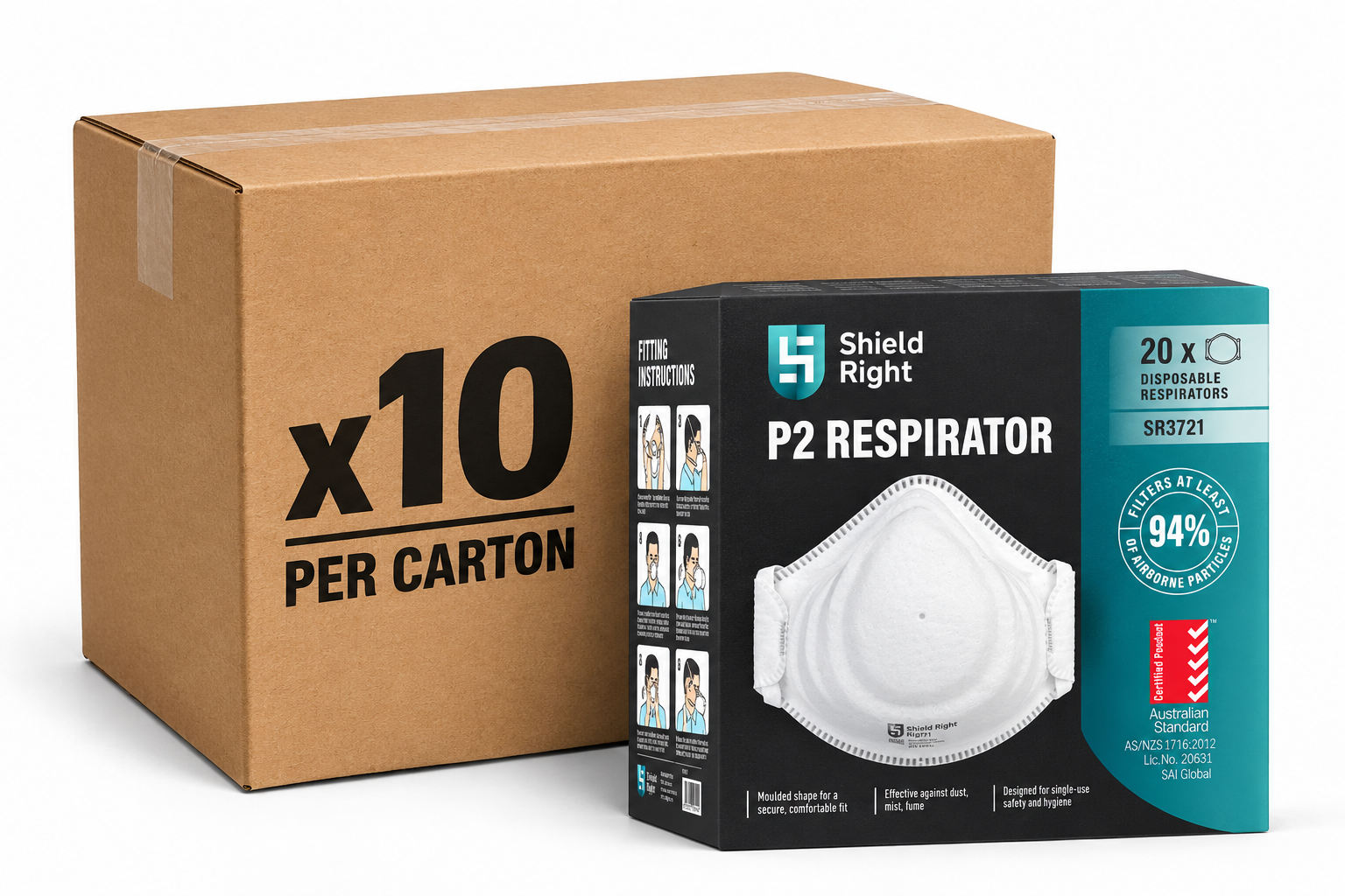 Shield Right P2 Moulded Disposable Respirator, Non-Valved – Carton of 200 (10 x 20 Packs), AS/NZS 1716 Certified