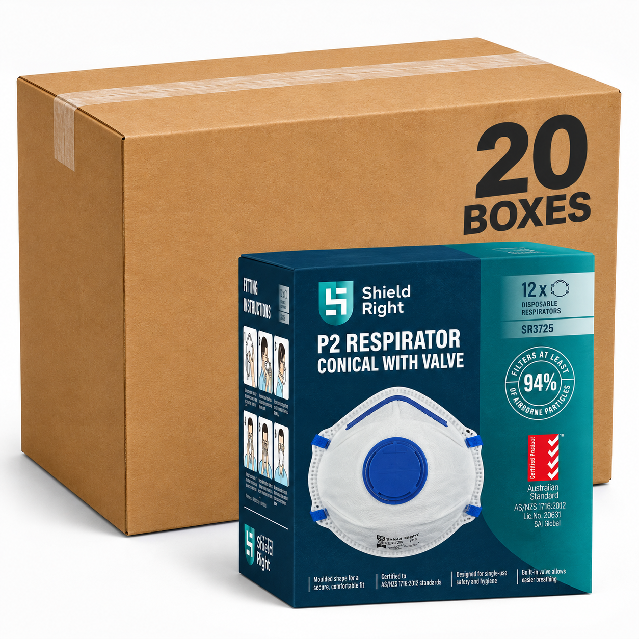 Shield Right P2 Conical Disposable Respirator, Valved – 12 Pack - Carton of 20