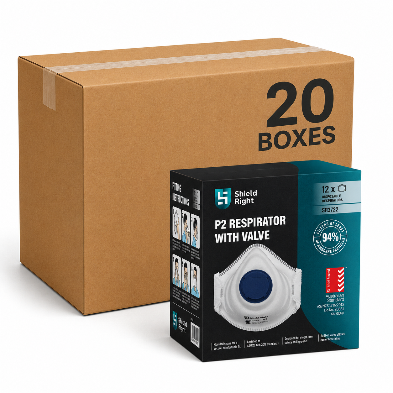 Shield Right P2 Moulded Disposable Respirator, Valved – 12 Pack - Carton of 20