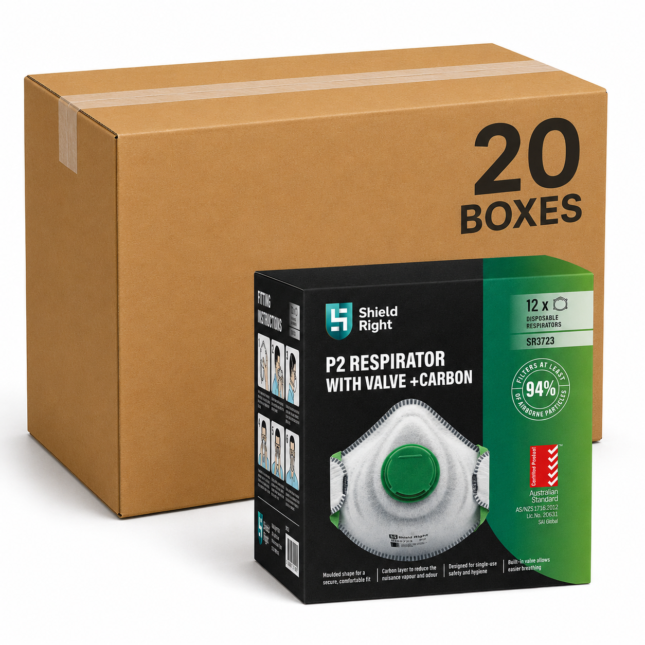 Shield Right P2 Moulded Disposable Respirator, Valved with Carbon Filter – 12 Pack - Carton of 20