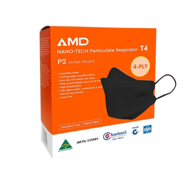 Black AMD Nano-Tech Medical T4 Respirator Mask 50 Pack – Earloop (5 Pack)