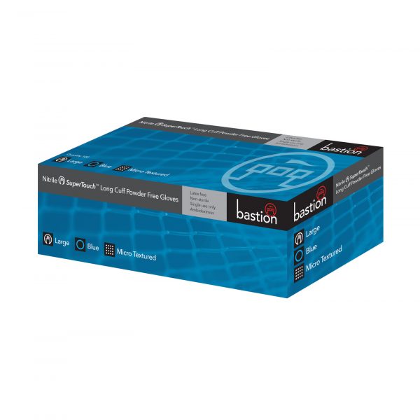 Bastion Nitrile SuperTouch Blue Long Cuff Powder Free Gloves – 100 Pack